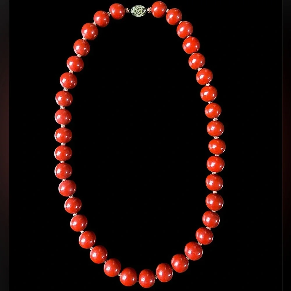 Vintage Rare Chinese Export Red Wooden Bead Silver Filigree Clasp Necklace
